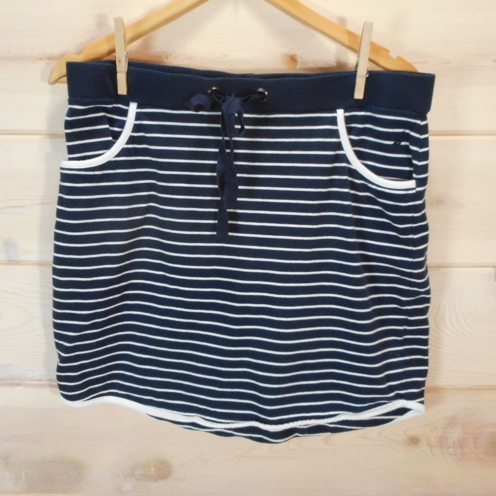 Nautica Size L Striped Drawstring Skirt Navy Blue White Pockets Elastic Waist